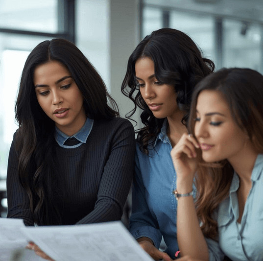 A group of students collaborating at a table, with one person using a laptop and study materials for the TOEIC test.