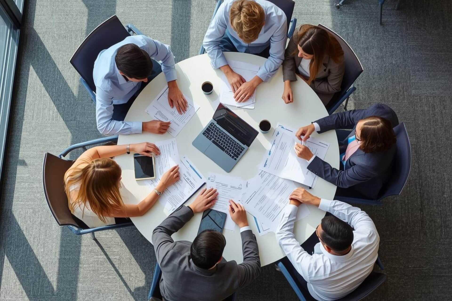 A group of students collaborating at a table, with one person using a laptop and study materials for the TOEIC test.
