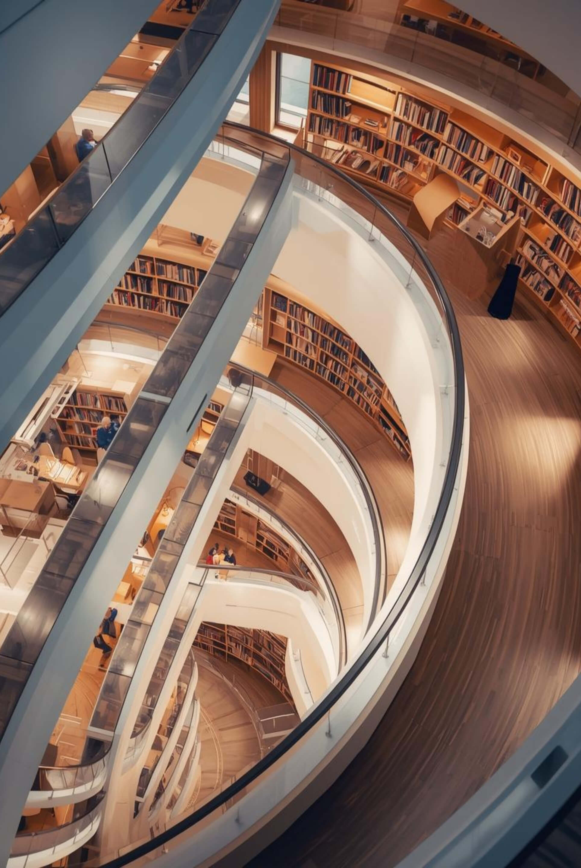 Aerial view of a modern university library study space with students studying together, ideal for TOEIC preparation.