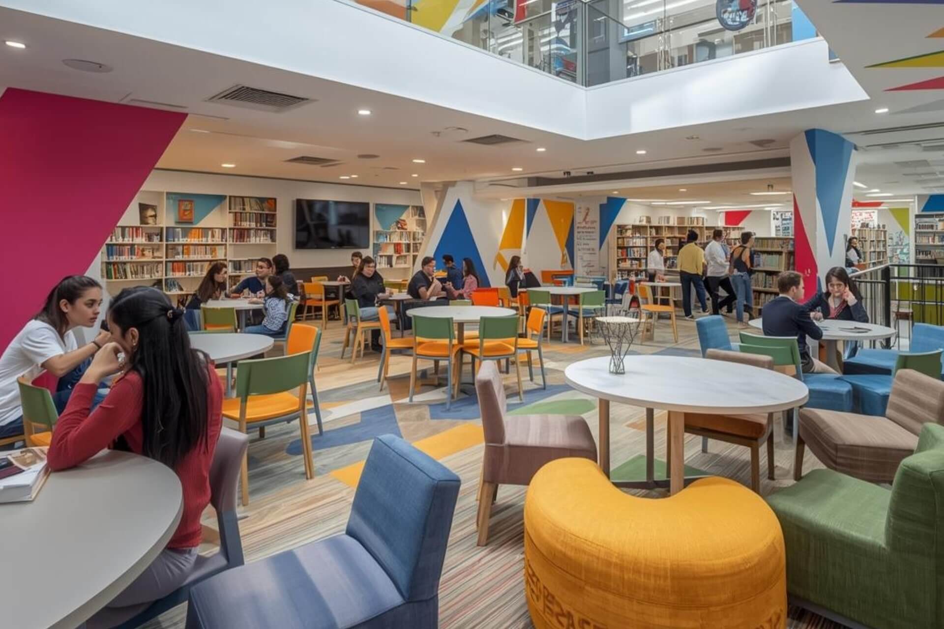 Modern university interior with students studying in a collaborative environment, highlighting spaces conducive to TOEIC test preparation.